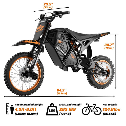 RM7 Electric Dirt Bike For Teens And Adults, 2200W Peak Motor, black frame, orange accents, size details displayed