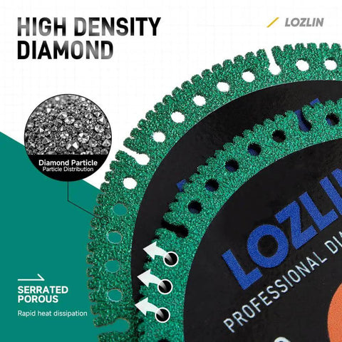 Ultra Thin 4.5 Inch Diamond Cutoff Wheel For Angle Grinder That Chews Through Ceramic Tile Porcelain Tile Marble Granite Stone Metal Rebar PVC Pipe And More With Seven Eighths Inch Arbor Universal Multi Material Disc, close-up showing serrated edge and diamond particles