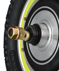 Close-up of 12 Inch Electric Scooter Hub Motor Wheel Running On 48V 500W Brushless Gearless with air-filled tire and axle.