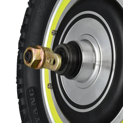 Close-up of 12 Inch Electric Scooter Hub Motor Wheel Running On 48V 500W Brushless Gearless with air-filled tire and axle.