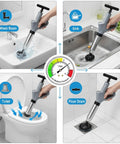 Real Deal Heavy Duty Air Plunger And Drain Cleaning Kit in use for kitchen sink, toilet, wash basin, and floor drain.