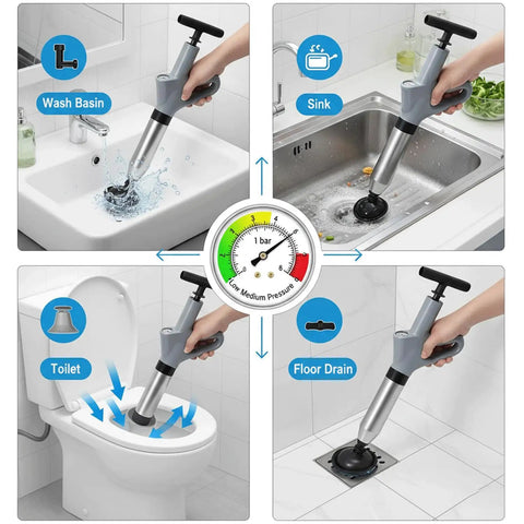 Real Deal Heavy Duty Air Plunger And Drain Cleaning Kit in use for kitchen sink, toilet, wash basin, and floor drain.