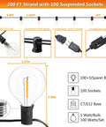 Diagram showing Ultra Long G40 Outdoor String Lights 200Ft With 105 Shatterproof LEDs, socket details, connectors, and bulb specs.