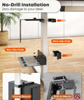 Under Desk Computer Mount For Standing Desks Clamp On PC Holder showing no-drill installation setup for secure mounting.