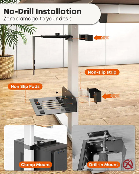 Under Desk Computer Mount For Standing Desks Clamp On PC Holder showing no-drill installation setup for secure mounting.