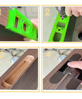 Dead On Hidden Hinge Template With Invisible Door Router Guide For Slick Cabinet Installation shown in four steps using a green jig for precise cabinet cuts.