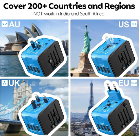 All In One Worldwide Travel Power Adapter With Four USB Ports And AC Outlet For Two Hundred Countries Not A Voltage Converter