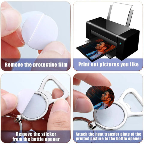 Steps to customize 10 Pack Sublimation Bottle Opener Blanks Key Rings Aluminum with heat transfer prints and film removal.