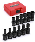 One Quarter Inch Drive Shallow Universal Impact Socket Set 12 Piece Metric 5mm to 15mm Six Point Cr Mo Steel Swivel Socket With 360 Degree Flex Built To Last Black Phosphate Finish For Heavy Duty DIY Projects with red carrying case