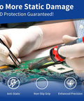 Person using 9 Piece ESD Precision Tweezers Set Anti Static Stainless Steel for Electronics Repair on a circuit board