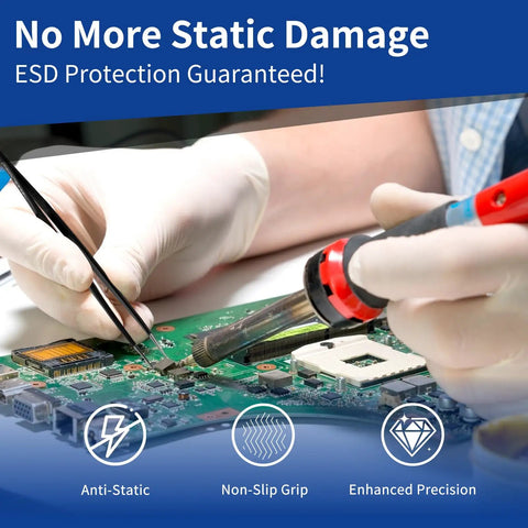 Person using 9 Piece ESD Precision Tweezers Set Anti Static Stainless Steel for Electronics Repair on a circuit board