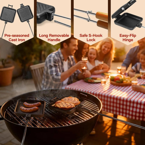 Heavy Duty Cast Iron Campfire Pie Maker Set For Camping Hobo Pie Iron For Sandwiches And Desserts 2 Pack on grill with family