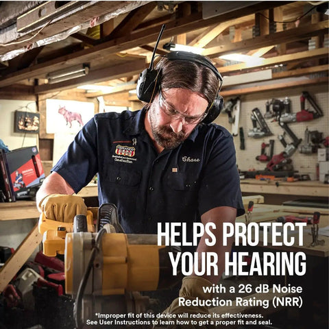 Man using a saw while wearing WorkTunes Connect Wireless Hearing Protector With Bluetooth Technology And AM FM Radio 26 Decibels NRR