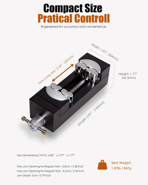 Heavy Duty Fractal Vise Giving You A Sweet Knockout Grip For Drill Press And Bench Clamping Smooth No Sweat Operation With Portable Table Jaws For Woodworking Metal And Irregular Shapes That Definitely Impress Your Crew, compact size with silver jaws, dimensions and specifications displayed.