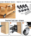 Heavy Duty Workbench Casters, Set Of Four, stainless steel build with side mounted retractable wheels for easy table mobility installation.