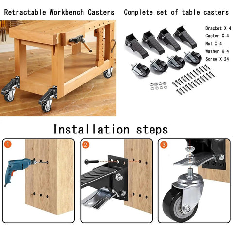 Heavy Duty Workbench Casters, Set Of Four, stainless steel build with side mounted retractable wheels for easy table mobility installation.