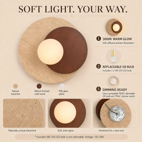 Travertine Wall Sconce Hardwired Glass Globe Wood Modern Japandi Wabi Sabi with natural travertine and wood details.