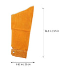 Pro Level Heavy Duty Cowhide Leather Arm Sleeves Heat Resistant Double Layer Welding Oversleeves in orange, measuring 22.4 in x 9.82 in.