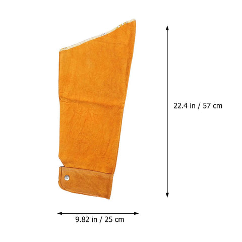 Pro Level Heavy Duty Cowhide Leather Arm Sleeves Heat Resistant Double Layer Welding Oversleeves in orange, measuring 22.4 in x 9.82 in.