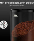 Close-up of Heavy Duty Electric Conical Burr Coffee Grinder With 35 Dial In Settings And A Spacious Bean Hopper showing grinds in chamber.