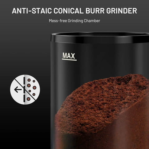 Close-up of Heavy Duty Electric Conical Burr Coffee Grinder With 35 Dial In Settings And A Spacious Bean Hopper showing grinds in chamber.