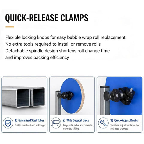 No Sweat Wall Mount Bubble Wrap Roll Dispenser With Flexible Snap Connector And Secure Side Locks For Pro Warehouse Shipping. Quick-release clamps for easy bubble wrap roll changes.