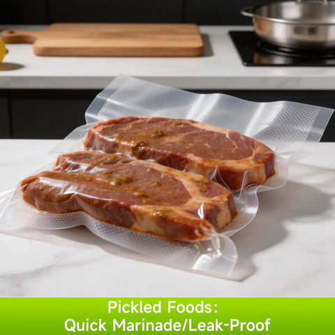 Steaks in Premium Vacuum Sealer Bags 6 Pack With 3 Rolls 11x20 And 3 Rolls 8x20 BPA Free for sous vide, on a kitchen counter.