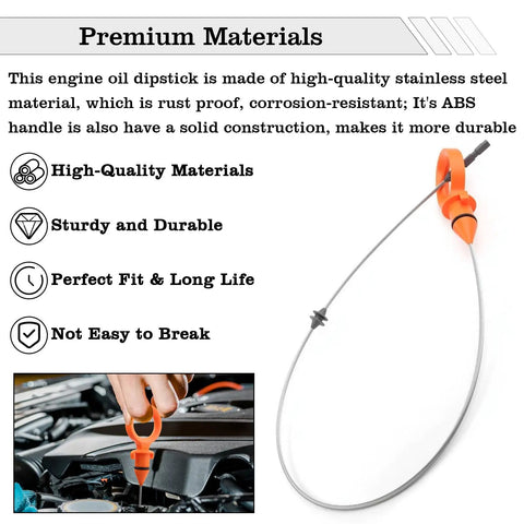 Engine Oil Dipstick Indicator Replacement For Volkswagen L5 Engine with orange handle and stainless steel, shown in use in car engine