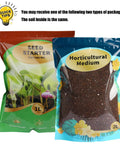 Two bags of seed starter soil mix, one labeled Seed Starter Potting Mix 1L, the other Horticultural Medium 2L, both brown soil.