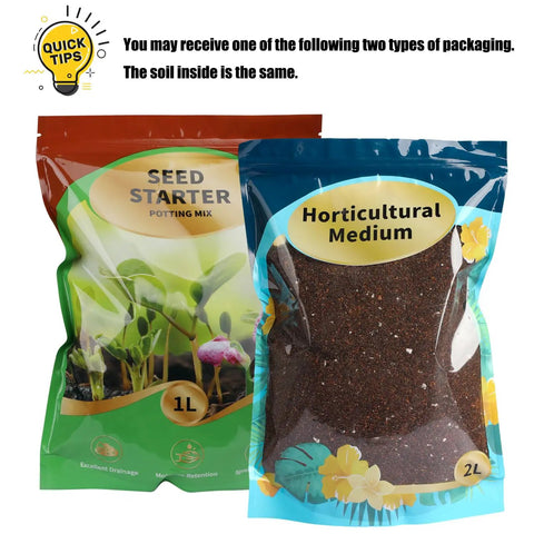 Two bags of seed starter soil mix, one labeled Seed Starter Potting Mix 1L, the other Horticultural Medium 2L, both brown soil.