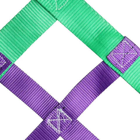 Heavy Duty Nylon Cargo Lift Net Rock Solid Sling Rig For Flatbed Hauling And Construction Sites with green and purple straps.