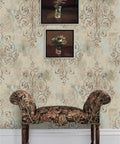 Peel And Stick Vintage French Damask Wallpaper Vinyl Self Adhesive in deep yellow mist blue, elegant decor in a living room setting.
