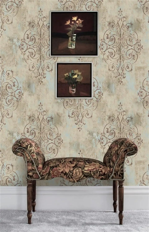 Peel And Stick Vintage French Damask Wallpaper Vinyl Self Adhesive in deep yellow mist blue, elegant decor in a living room setting.