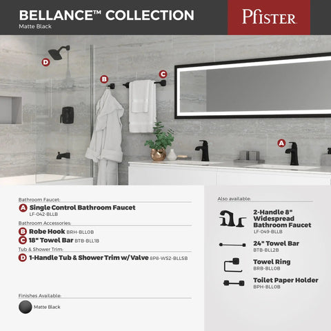 Tub And Shower Trim Kit With Valve And Cartridge, Single Handle, 3 Function Shower Head, Tub Spout, Matte Black Finish Display