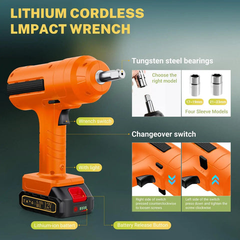 Lithium cordless impact wrench with tungsten steel bearings and battery for 5 Ton Cordless Electric Car Jack Kit.