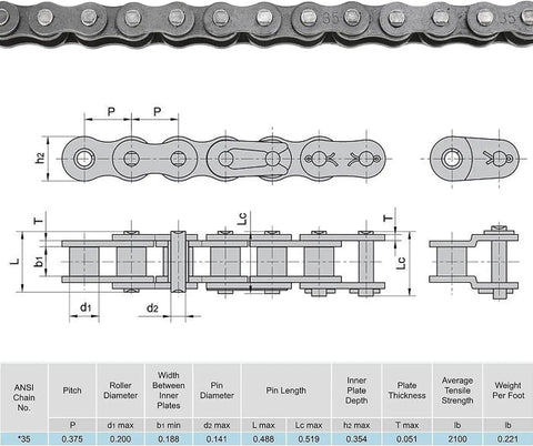 Technical diagram of Beefy 35 Chain With Mini Bike Chain Tensioner 140 Links For Coleman Ct100U Cc100X Baja Doodle Bug Db30 Motovox