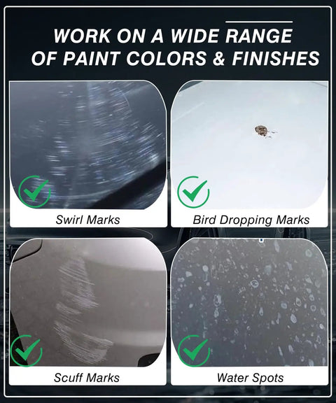 Image showing removal of swirl marks, bird dropping marks, scuff marks, and water spots using Nano Sparkle Cloth Car Scratch Remover Kit For Light Scratches And Swirl Marks, Restore Paint To A Glossy Like New Finish With A Simple Fast And Effective Auto Detailing Tool For A Bold Shine.