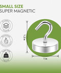 Front view of Neosmuk magnetic hook, silver curved hook on round magnet base; 1 in diameter, 80 lb load rating.