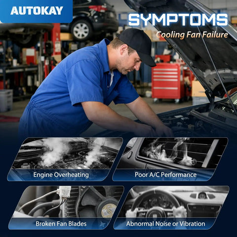 Mechanic diagnosing cooling fan failure symptoms like engine overheating and poor A/C performance with tools in a workshop.