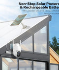 Battery Powered Wireless Outdoor Security Camera With 2K Color Night Vision mounted on a modern building with solar panel visible.