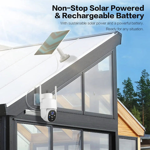 Battery Powered Wireless Outdoor Security Camera With 2K Color Night Vision mounted on a modern building with solar panel visible.
