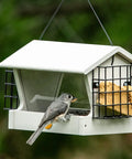 Medium Hopper Bird Feeder With Dual Suet Cages Easy Fill Hinged Roof Weather Resistant Metal Mesh, bird eating seeds.