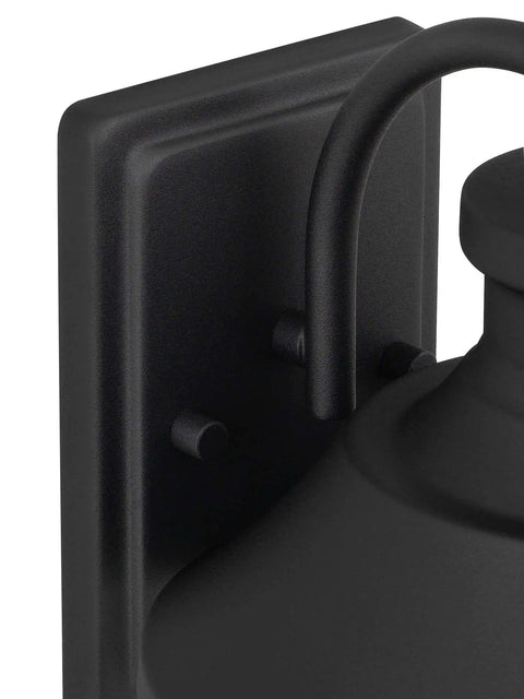 Close-up of Outdoor Wall Lantern 1-Light Exterior Matte Black Sconce with mounting plate and curved arm detail.