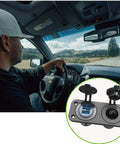 Road Ready Waterproof Cigarette Lighter Socket Splitter With Straight Up Beast Mode Charging QC 3.0 Dual Usb Ports And Sweet Blue Led Rocker Switch Panel in vehicle with driver.