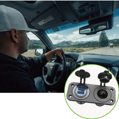Road Ready Waterproof Cigarette Lighter Socket Splitter With Straight Up Beast Mode Charging QC 3.0 Dual Usb Ports And Sweet Blue Led Rocker Switch Panel in vehicle with driver.