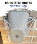 Hose Bib Mounting Plate And Secure Kit for Outdoor Faucets installed on brick wall holding freeze cover
