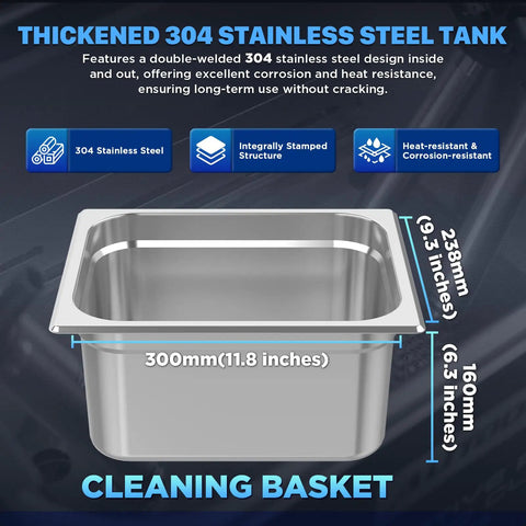 Thickened 304 stainless steel tank for Heavy Duty Ultrasonic Cleaning Machine With Digital Timer Plus Integrated Heater 10 Liter Capacity.