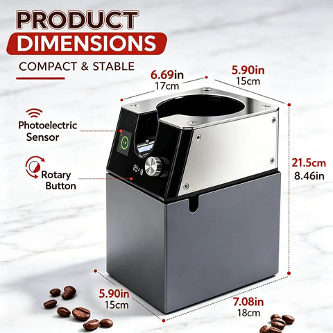 Electric Portafilter Cleaner Automatic Espresso Puck Sucker with Smart Sensor dimensions showing 6.69in height, compact design.