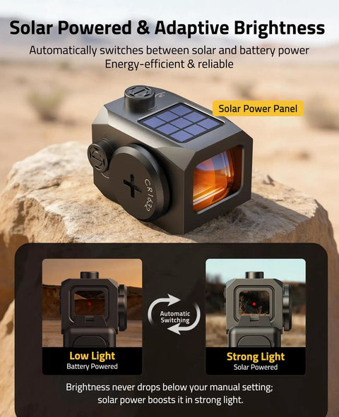 Solar Enclosed Red Dot Sight For ACRO Style Builds, 2 MOA Dot With 36 MOA Circle, Dual-Lens Enclosure Keeps Hellish Dust Out, Shock Resistant, Mud And Debris Guard, Quick Target Acquisition, All-Weather Precision on rocky surface