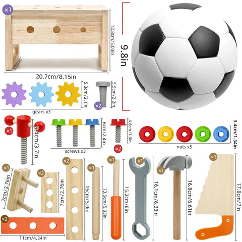 Need To Have 29 Piece Wooden Tool Set With Sturdy Box For Little Pros Featuring Hammer Screwdriver Wrench Saw And Crafting Parts For Sweet Pretend Play Workshop Projects Ages 3 Plus includes colorful gears, screws, nuts, and tools on a wooden bench.